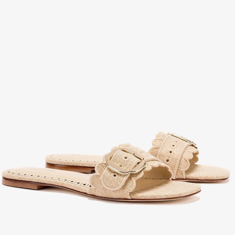 Larroudé Ivy Broderie Flat Sandal In Beige Raffia Size 6 New - Picture 2 of 11